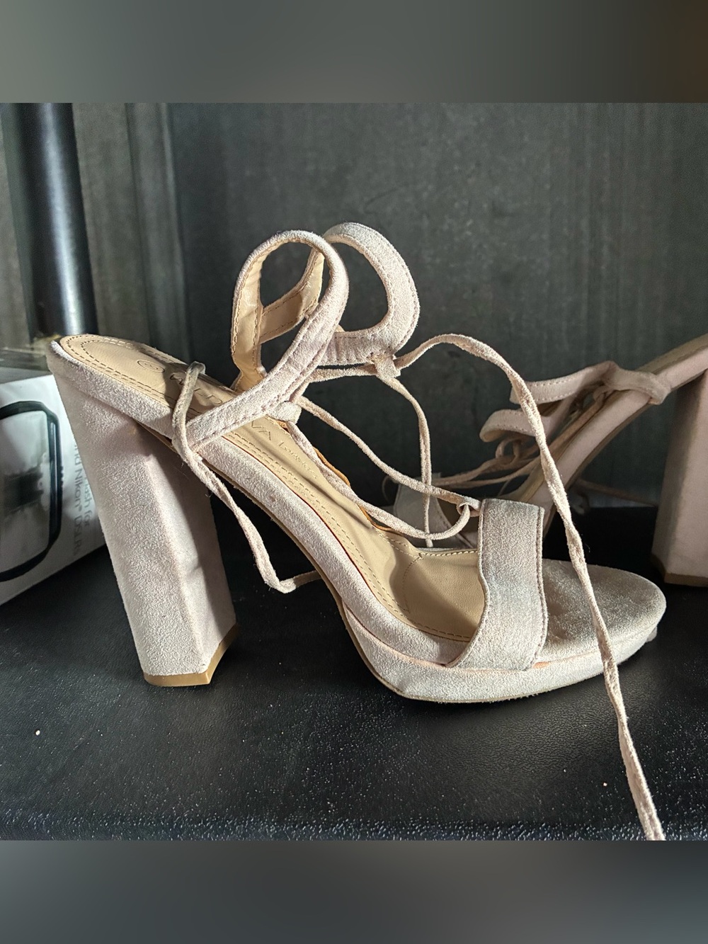 Suede Lace-Up Block Heel Sandals in Light Beige